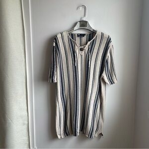 100% Organic Linen Cream Top Shirt w/Navy stripes and V-Neck Lace-up Front